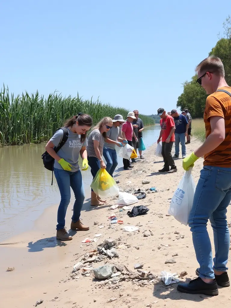 A photo of volunteers cleaning up the shoreline of the Trieux River, emphasizing the environmental conservation efforts of ASSOCIATION DE PLAISANCE DE PLEUDANIEL.