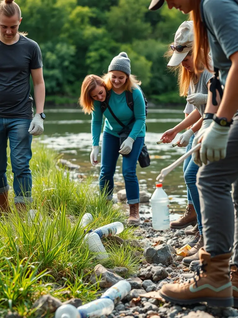 A photograph of volunteers cleaning up a riverbank, picking up trash and debris, highlighting the environmental stewardship aspect of ASSOCIATION DE PLAISANCE DE PLEUDANIEL's activities.