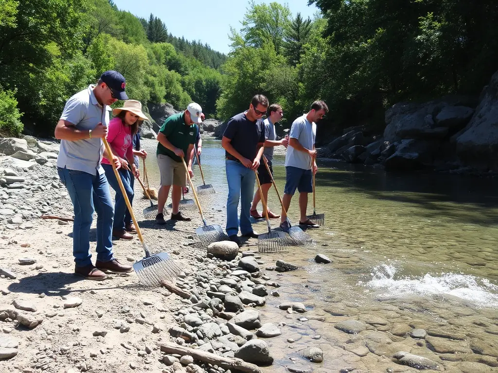 A volunteer team from ASSOCIATION DE PLAISANCE DE PLEUDANIEL cleaning up the shoreline of the Trieux River, emphasizing their commitment to environmental stewardship.