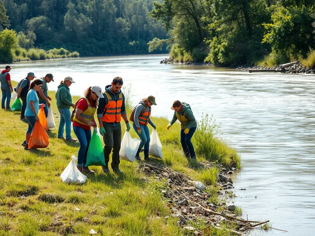 A group of volunteers participating in a river cleanup activity, collecting debris and maintaining the cleanliness of the Trieux River.