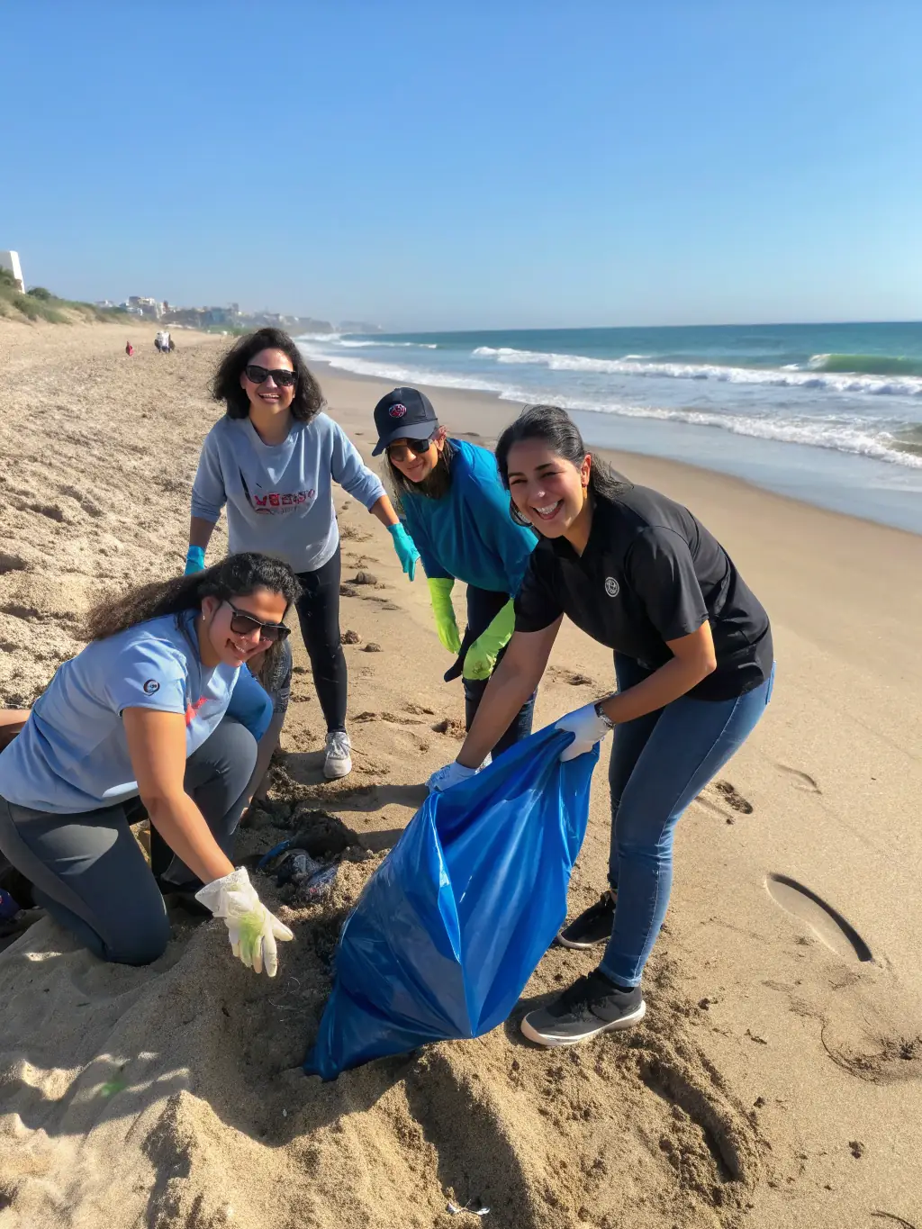 A photo of volunteers cleaning up a beach, picking up trash and debris, emphasizing the environmental stewardship aspect of ASSOCIATION DE PLAISANCE DE PLEUDANIEL's activities.