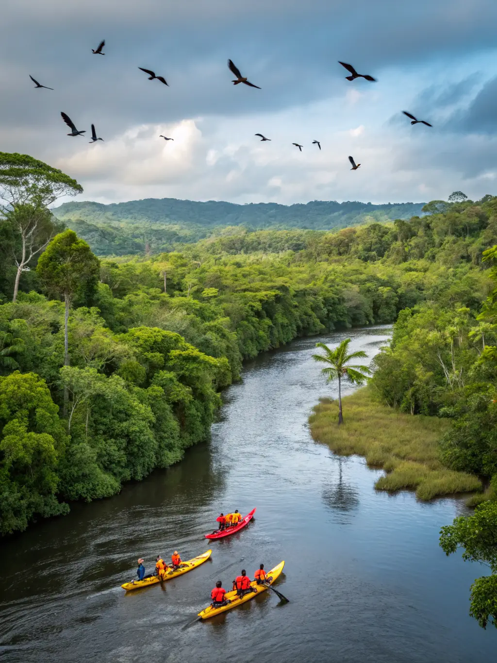 A group of people kayaking down a calm river, surrounded by lush green trees and clear blue skies, showcasing a typical nautical excursion organized by ASSOCIATION DE PLAISANCE DE PLEUDANIEL.