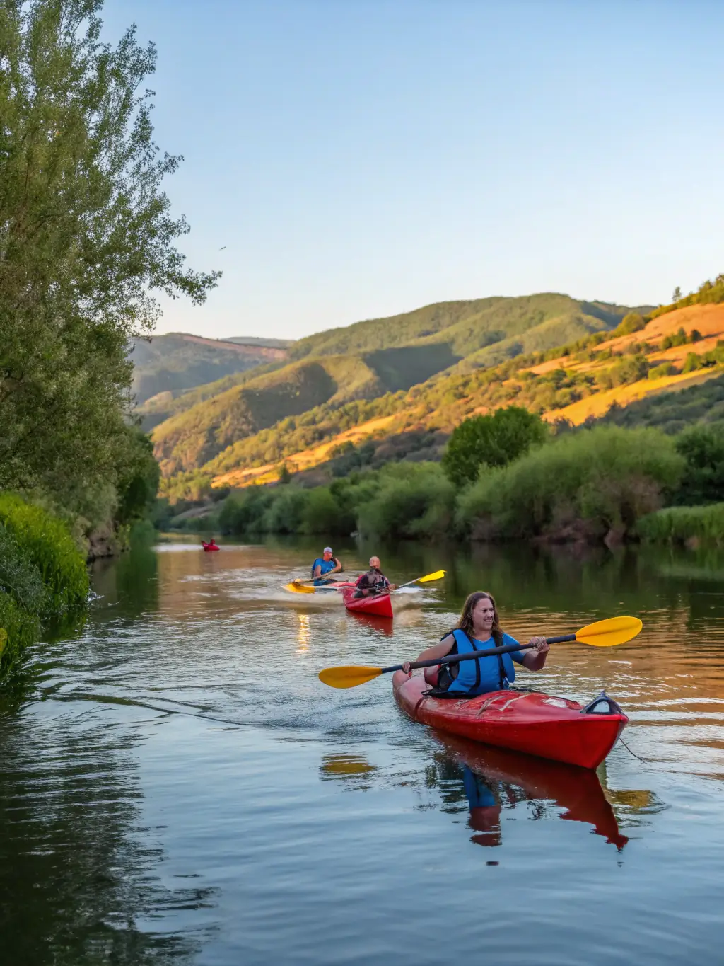 A group of people kayaking down a calm river, surrounded by lush green trees, showcasing a guided nautical excursion offered by ASSOCIATION DE PLAISANCE DE PLEUDANIEL.