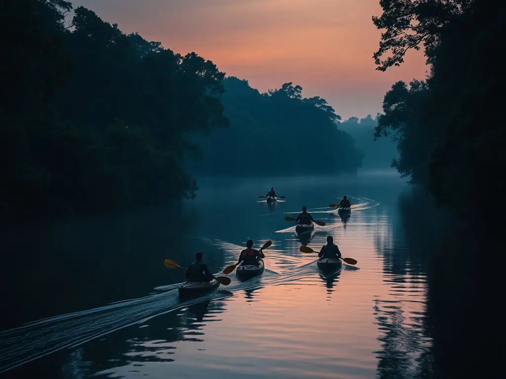 A scenic photograph capturing a group of kayakers paddling along the Trieux River during a guided tour, showcasing the lush riverbanks and clear waters.