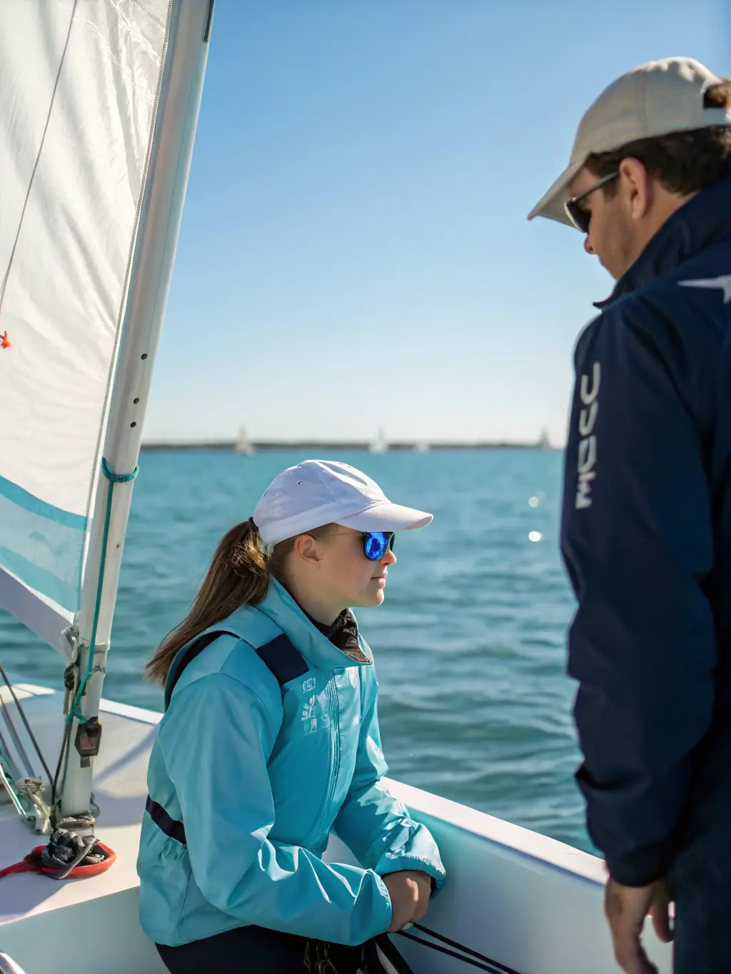 A group of people participating in a sailing workshop, learning the basics of sailing from an instructor, highlighting the educational programs of ASSOCIATION DE PLAISANCE DE PLEUDANIEL.