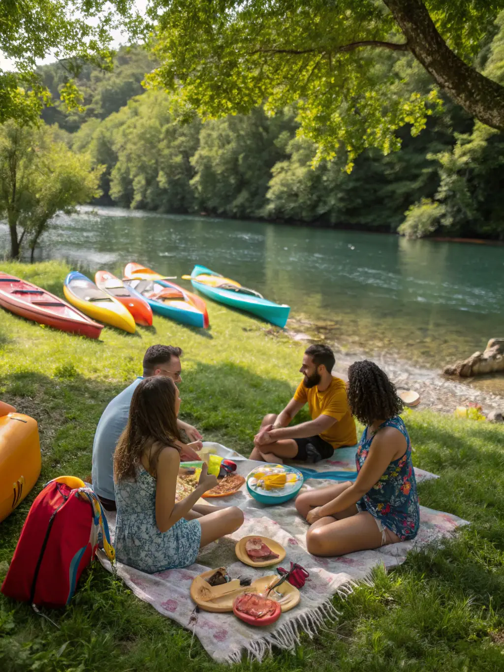A group of people enjoying a picnic by the river after a nautical excursion, showcasing the social aspect of ASSOCIATION DE PLAISANCE DE PLEUDANIEL's activities.