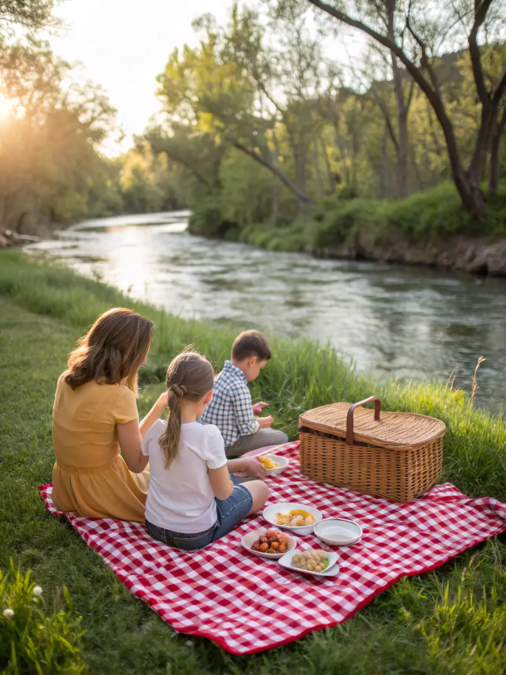 A group of people enjoying a picnic by the river, with boats in the background, illustrating the social and community-building events organized by ASSOCIATION DE PLAISANCE DE PLEUDANIEL.