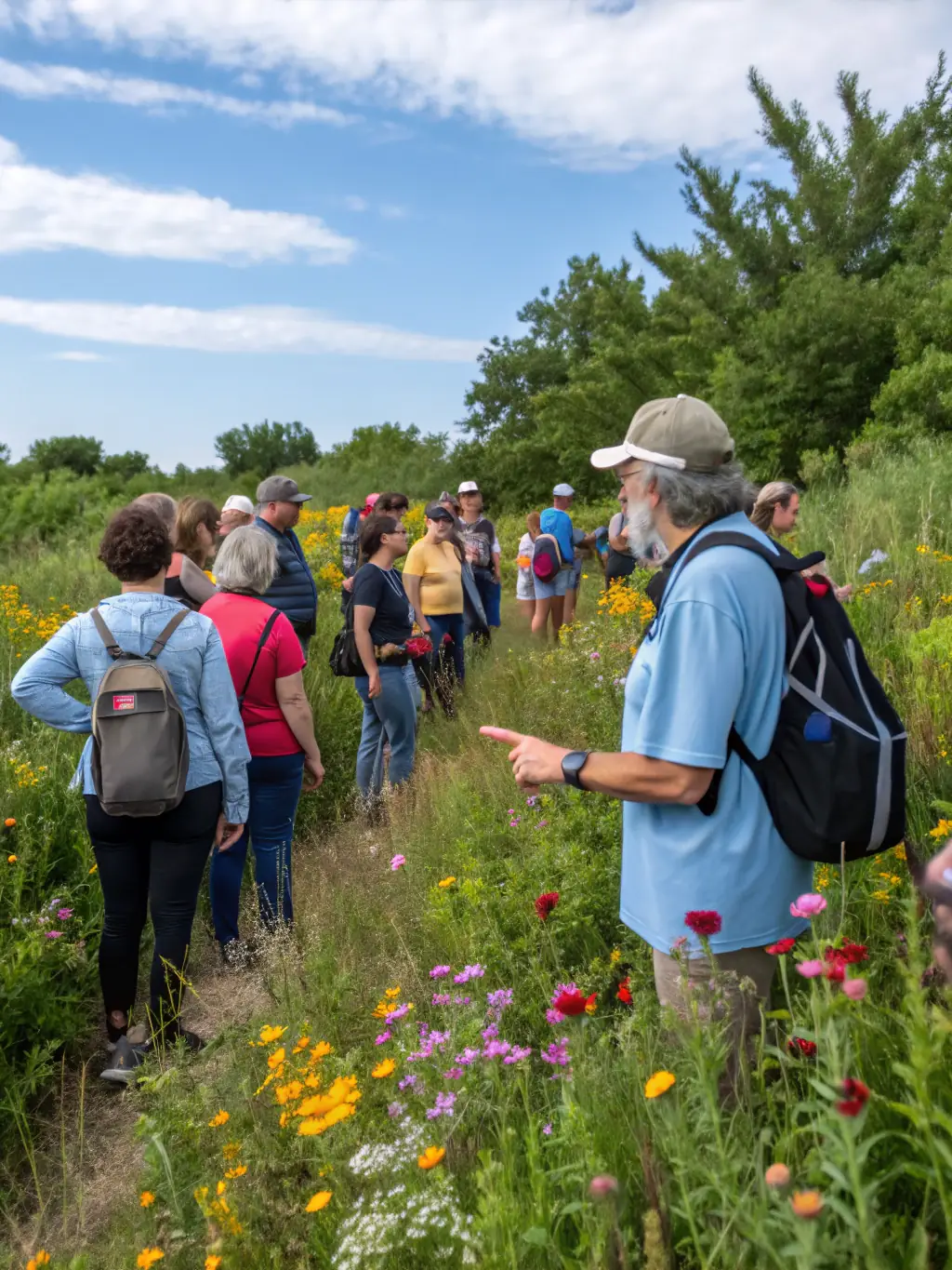 A group of people learning about local flora and fauna during a guided nature walk, emphasizing the educational component of ASSOCIATION DE PLAISANCE DE PLEUDANIEL's programs.
